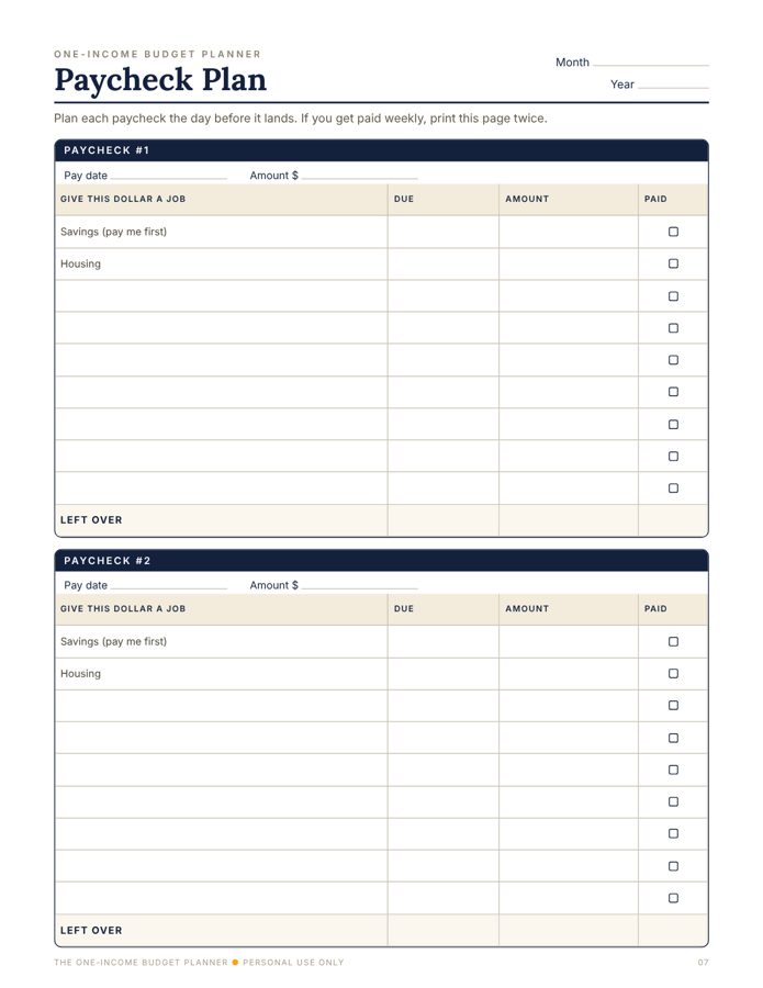 Paycheck Plan page